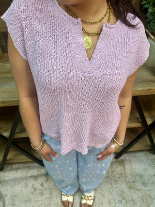 Alternate view of In Feb Lavender Relaxed Slub Knit Split Neck Sweater Top
