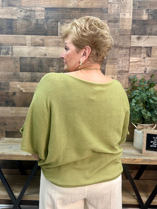 Alternate view of Easel Olive Green Oversize Boatneck Knit Sweater Top Short Slv
