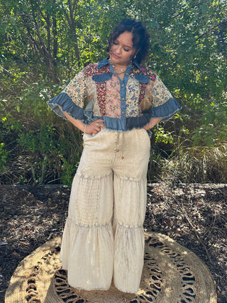 Alternate view of Young Threads Latte Patchwork & Denim Ruffle Hem Crop Jacket Top
