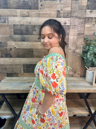 Alternate view of Jodifl Butter Yellow Floral Green Trim Peasant Midi Dress
