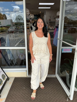 Alt text: "POL Natural Ivory Crochet Ruffle Tank - Sleeveless, One Size Fits Most, Vintage Chic Fashion Top