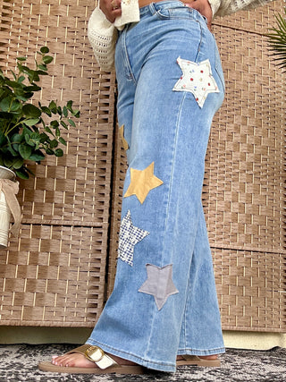 Alternate view of Easel Gold Star Washed Denim Patchwork Pants
