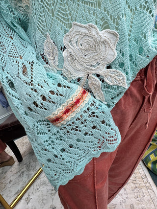 POL Soda Candy Mint Crochet Patchwork Style VNeck Top