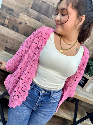 POL Bubblegum Pink Chenille Crochet Cardigan Shrug Top One Size