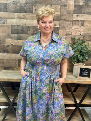 Entro Periwinkle Bloom Elastic Waist Zip Midi Dress