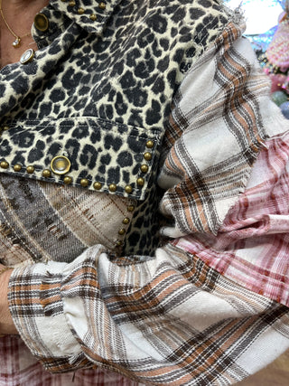 POL Leopard & Plaid Mix Long Line Jacket