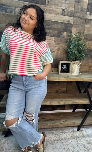 Alternate view of Peach Love Coral & Mint Stripe Color Block Top
