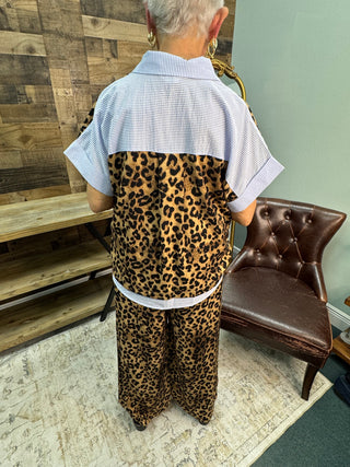 Oddi Leopard & Blue Oxford Stripe Top and Wide Leg Pant Set