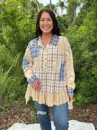 Oli & Hali Washed Ruffle Hem Blue Plaid Mix Top