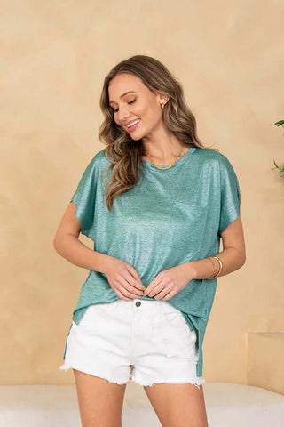 Chic Sew In Love Relaxed Fit Shimmer Top in Silver, offering style and comfort in two stunning colors.