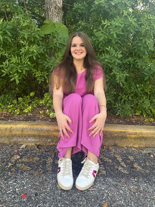 Davi & Dani Ruched ORCHID PURPLE Ruffle Pant & Short Sleeve Top Set