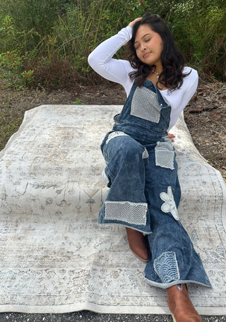 POL Denim Crochet Patchwork Wide Leg Overalls