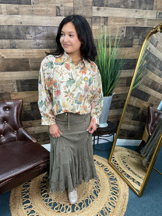 Entro Botanical Print Ecru Long Slv Blouse Top