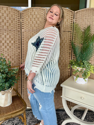 Alternate view of Star Spangled White Open Weave Top OVERSIZED
