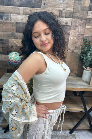 POL SAGE MULTI Floral Pattern Cardigan Crochet Sweater Top