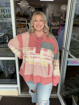 Pink Mix Fabric Long Sleeve Top with Lace Accent Collar by Oli & Hali - Stylish and Elegant Women's Fashion