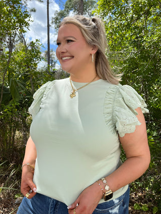 Alternate view of Green Eyelet Flutter Sleeve Top
