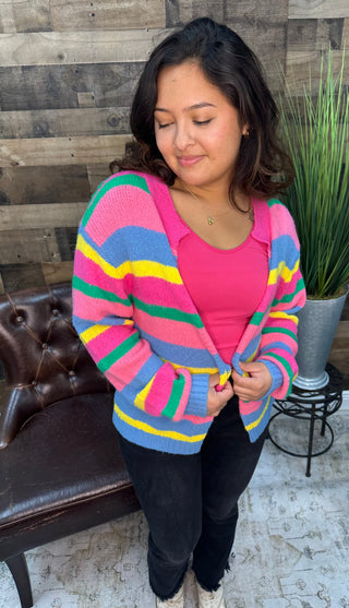 Hot Pink Stripe Color Block Cardigan Sweater Top