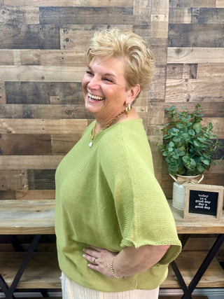 Alternate view of Easel Olive Green Oversize Boatneck Knit Sweater Top Short Slv
