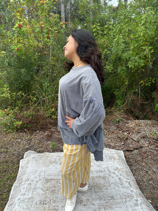 Blue Velvet Faded Navy Round Neck Mixed Fabric Hem Top