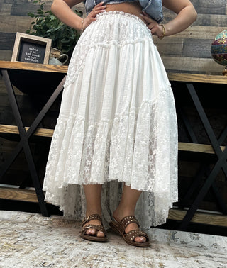 POL OFF WHITE Cotton Gauze Maxi Skirt w/ Lace Detail