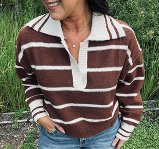 Adora Mocha Stripe Rugby Collar Sweater Top