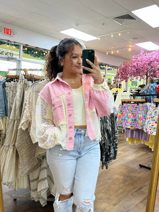 POL Pink Stripe Lace Shacket Top