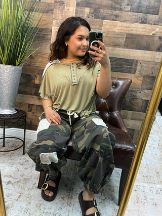 POL Olive Camo Lace Patchwork Jogger