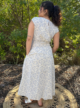 Alternate view of Ivory & Blue Boat Neck Pleated Sleeveless Floral Midi Dress
