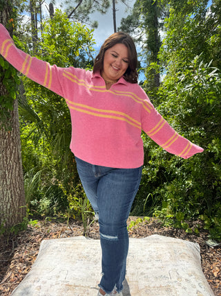 Cozy Co Pink & Orange Stripe Collar Sweater