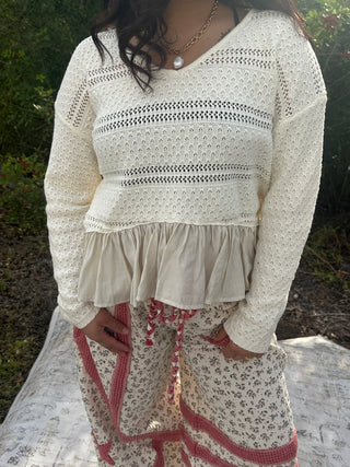 In Feb Ivory Ruffle Hem Lightweight VNeck Sweater Top