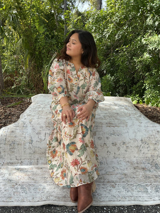 Entro Botanical Print Ecru Long Slv Midi Dress