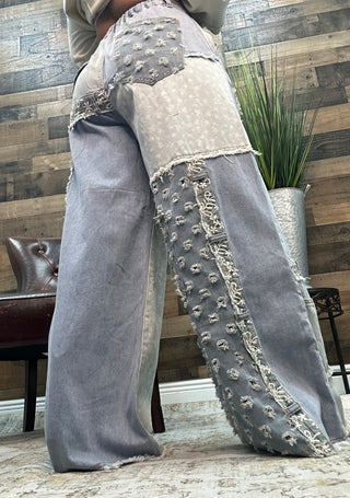 POL Denim Patchwork Raw Edge Lace Accent Wide Leg Pants