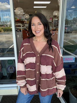 Oli & Hali Washed Wine & Ecru Colorblock & Patchwork Cardigan