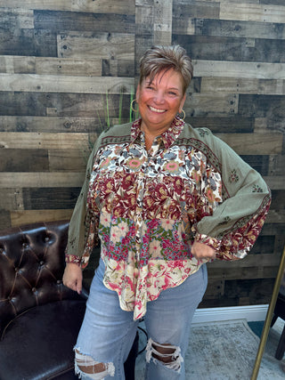 Boho Western Gravel Bishop Sleeve Top w/ Embroidery Accents