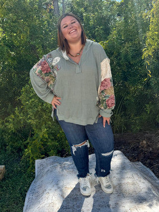 Davi & Dani Seafoam Waffle Knit Patchwork Hoodie Top