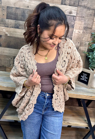 POL Latte Chenille Crochet Cardigan Shrug Top One Size