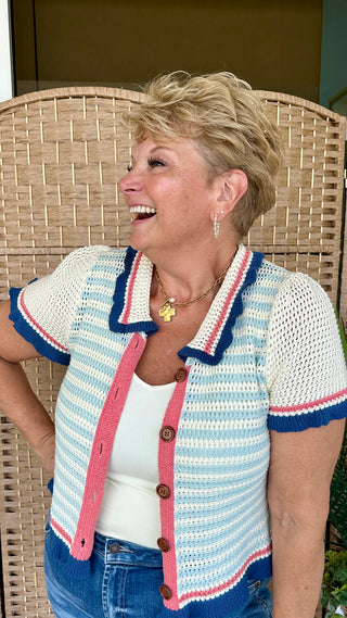 Alternate view of Prep in Your Step Blue Striped Cardigan Sweater
