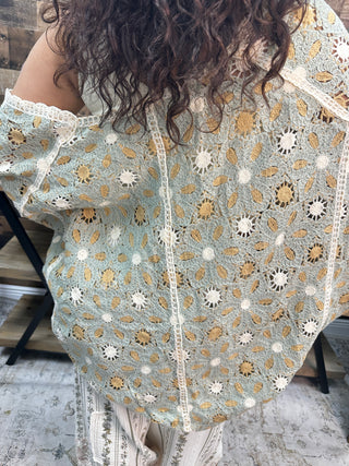 POL SAGE MULTI Floral Pattern Cardigan Crochet Sweater Top