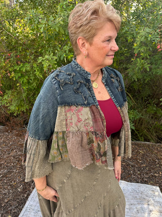 Boho Chic Tiered Patchwork Denim Cropped Shrug