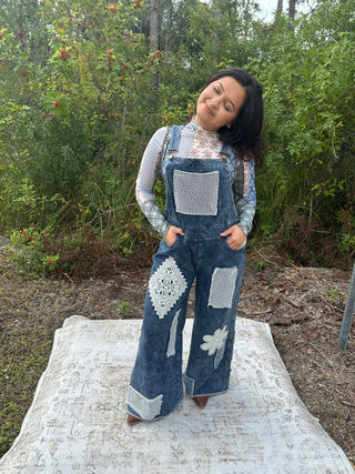 POL Denim Crochet Patchwork Wide Leg Overalls