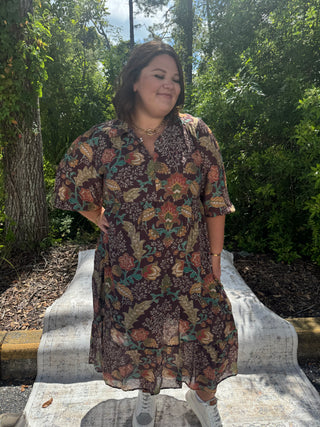 Umgee Brown Mix Floral Collared Midi Dress