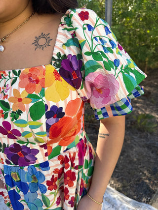 Oddi Carinival Bloom Floral Border Print Dress w/ Bubble Sleeve
