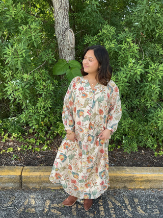 Entro Botanical Print Ecru Long Slv Midi Dress