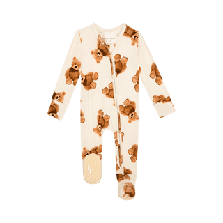 Baby onesie with bear pattern on a white background