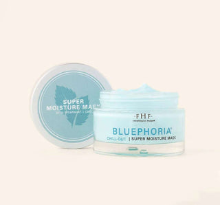 FHF Bluephoria® Super Moisture Mask 1.7 oz in sleek turquoise jar with silver cap, ideal for deep hydration and glowing skin.