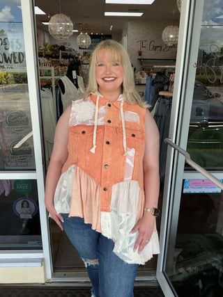 Stylish Mineral Wash Orange Ruffle Flare Hem Hooded Vest Top by Oli & Hali, perfect for trendy and comfortable wear.