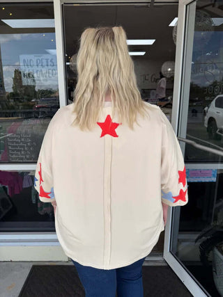 Stylish Natural 3/4 Sleeve Star Patch Top by Easel on Final Sale - Perfect for Casual Wear.