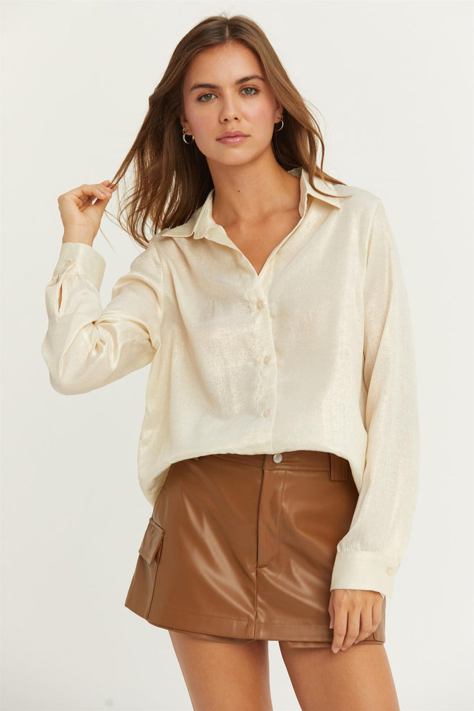 Beige Shimmer Button Down Top - The Gypsy Belle Boutique