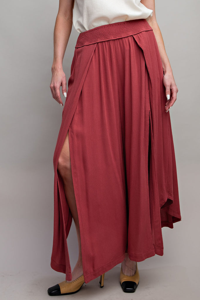 Easel - Red Bean Split Front Wide Leg Pants - The Gypsy Belle Boutique